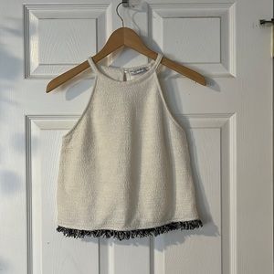 Zara High Neck Cream Top w/Black & White Tasseled Edge (SMALL)